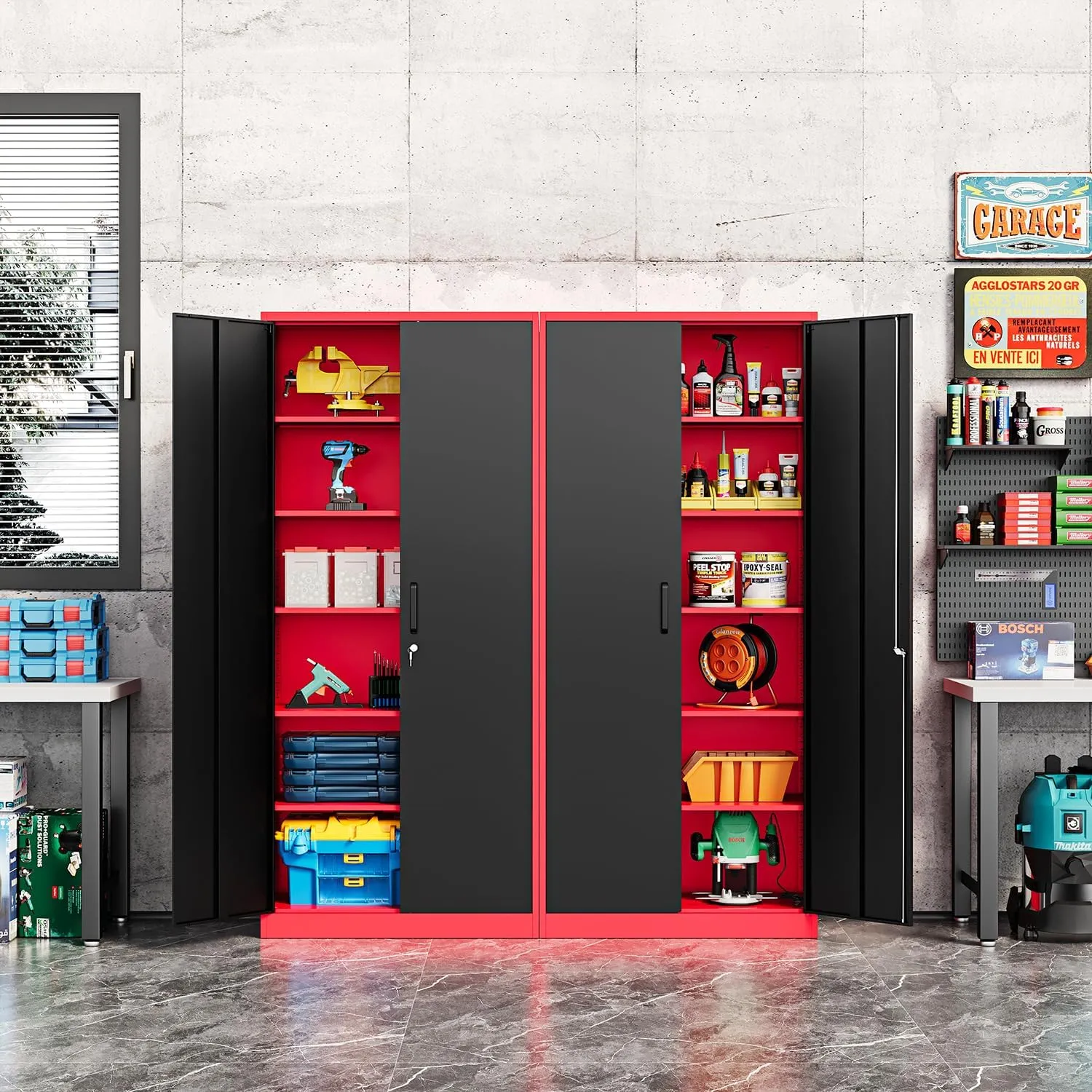 Metal Storage Cabinet-72” Tall Steel File Cabinets with Lockable Doors and Adjustable Shelves-Black&Red Steel Storage Cabinet for Home, School, Office, Garage