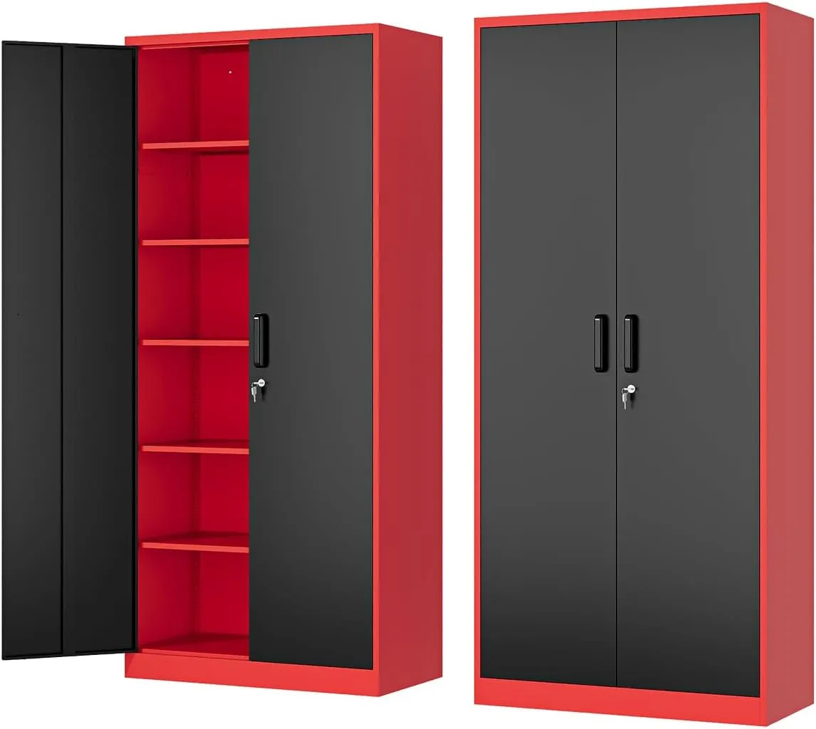 Metal Storage Cabinet-72” Tall Steel File Cabinets with Lockable Doors and Adjustable Shelves-Black&Red Steel Storage Cabinet for Home, School, Office, Garage