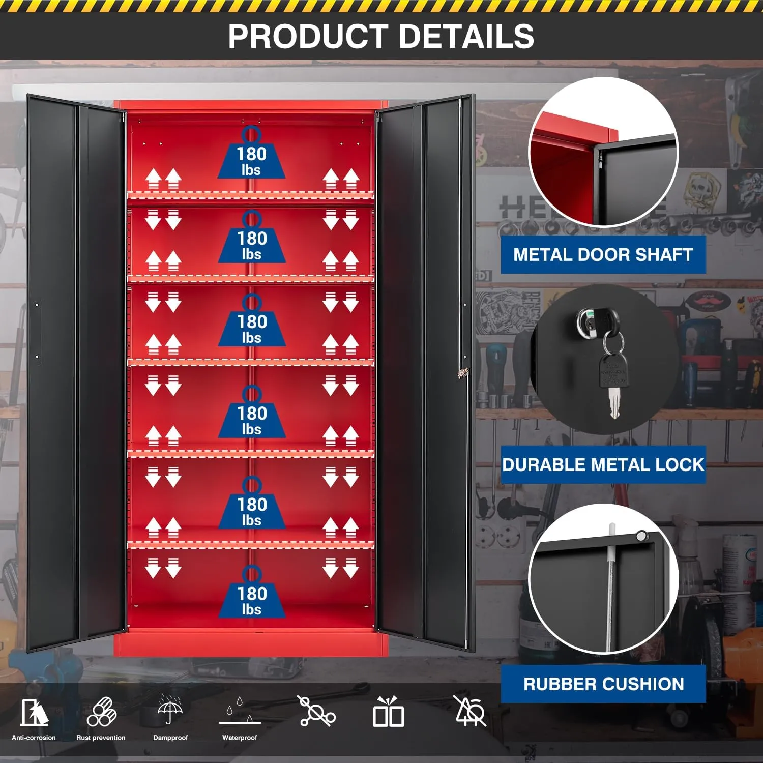 Metal Storage Cabinet-72” Tall Steel File Cabinets with Lockable Doors and Adjustable Shelves-Black&Red Steel Storage Cabinet for Home, School, Office, Garage