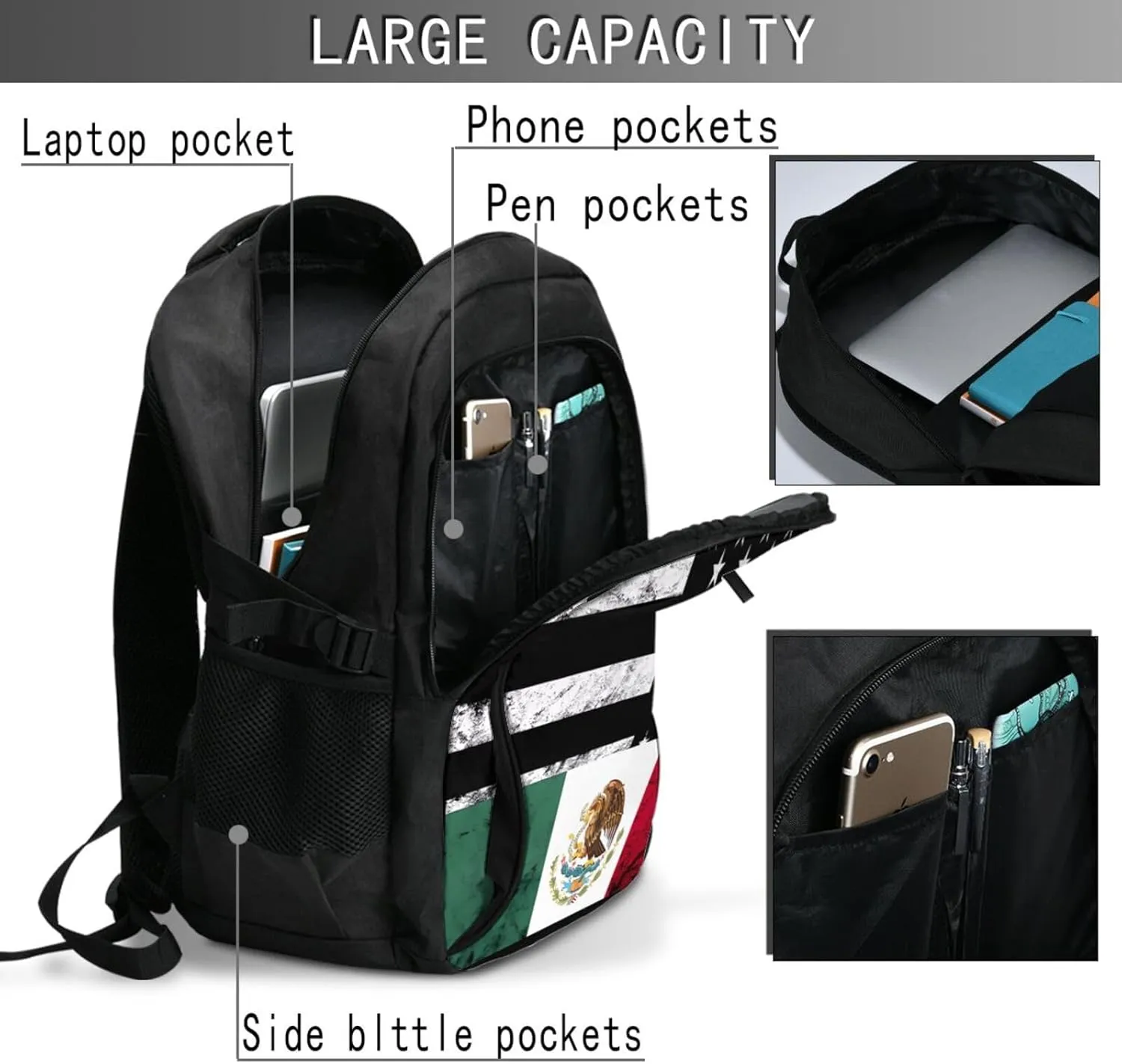 Mexican American Flag Casual Travel Backpacks Hiking Camping Backpack Large Outdoor Sport Daypack Laptop Rucksack Climbing Working Bags with USB Port