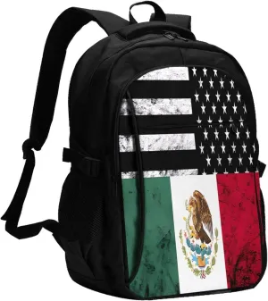 Mexican American Flag Casual Travel Backpacks Hiking Camping Backpack Large Outdoor Sport Daypack Laptop Rucksack Climbing Working Bags with USB Port