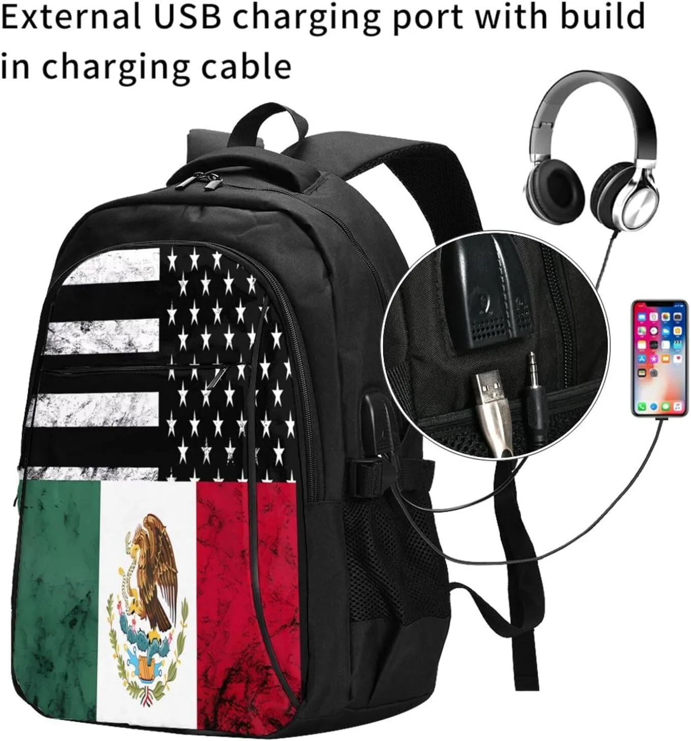 Mexican American Flag Casual Travel Backpacks Hiking Camping Backpack Large Outdoor Sport Daypack Laptop Rucksack Climbing Working Bags with USB Port