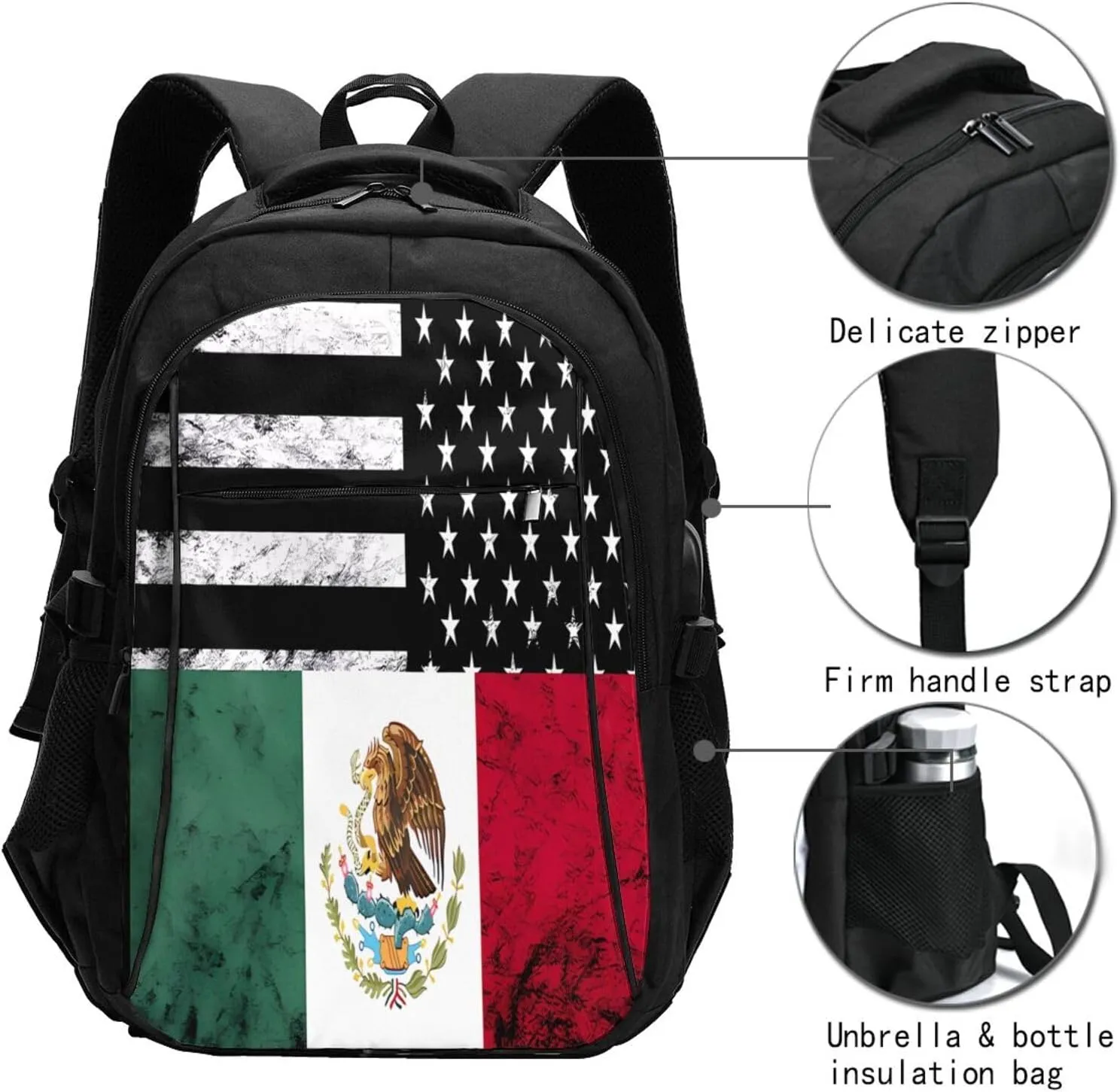 Mexican American Flag Casual Travel Backpacks Hiking Camping Backpack Large Outdoor Sport Daypack Laptop Rucksack Climbing Working Bags with USB Port
