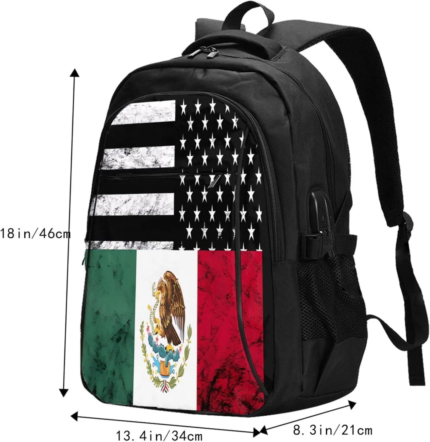 Mexican American Flag Casual Travel Backpacks Hiking Camping Backpack Large Outdoor Sport Daypack Laptop Rucksack Climbing Working Bags with USB Port