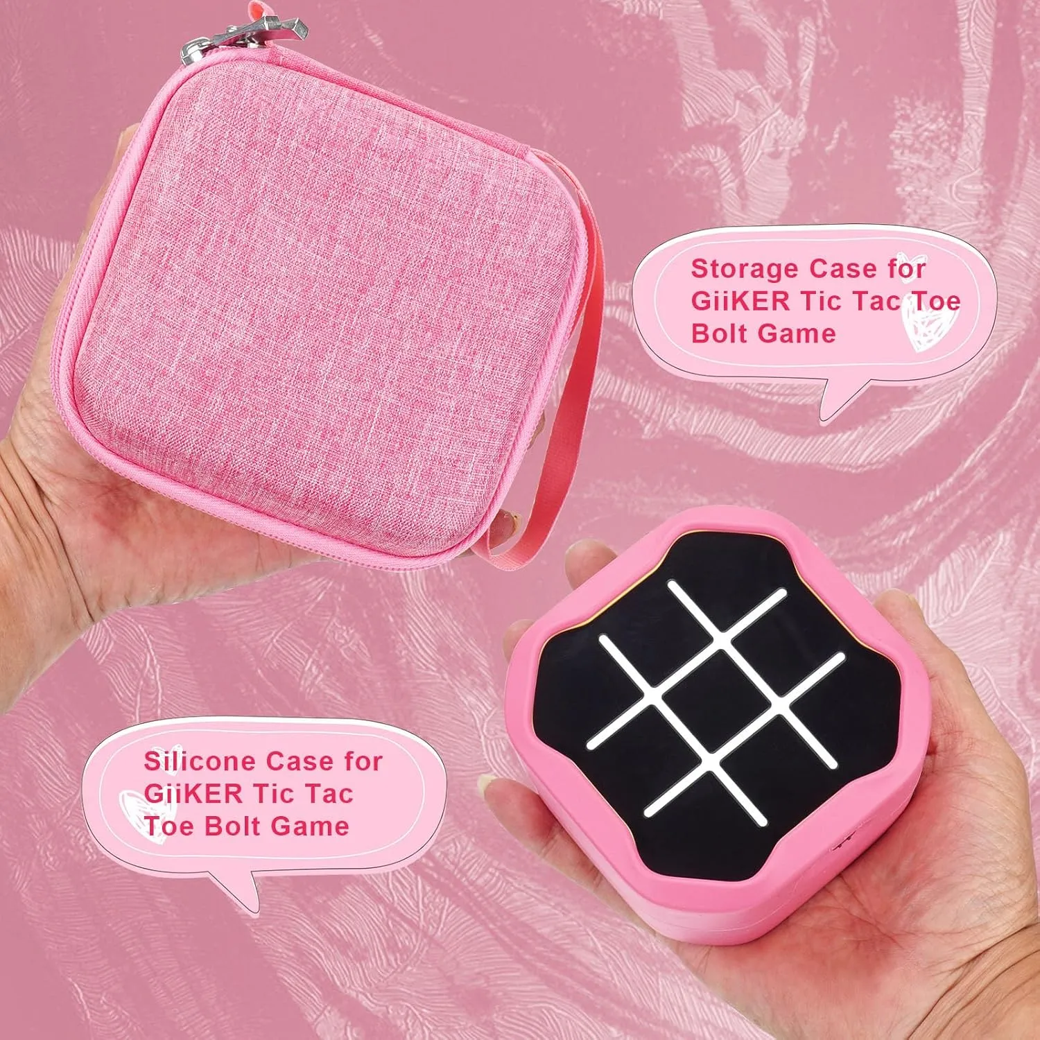 MGZNMTY Travel Storage Case and Silicone Cover Compatible with Giiker Tic Tac Toe Bolt Electronic Game, 3-in-1 Handheld Puzzle Game Console Toys Skin for Kids (Hard Case Silicone Cover) (Pink)