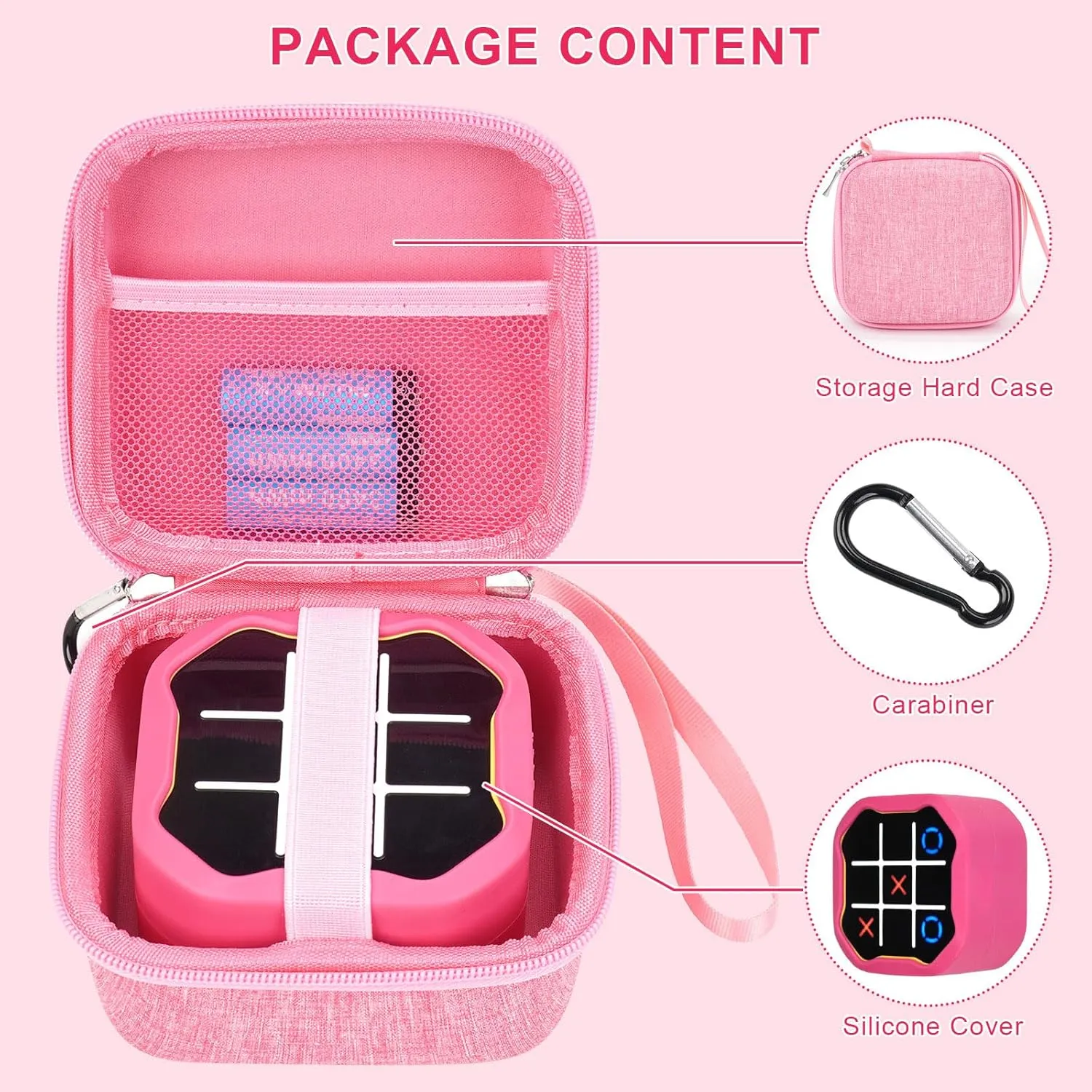 MGZNMTY Travel Storage Case and Silicone Cover Compatible with Giiker Tic Tac Toe Bolt Electronic Game, 3-in-1 Handheld Puzzle Game Console Toys Skin for Kids (Hard Case Silicone Cover) (Pink)