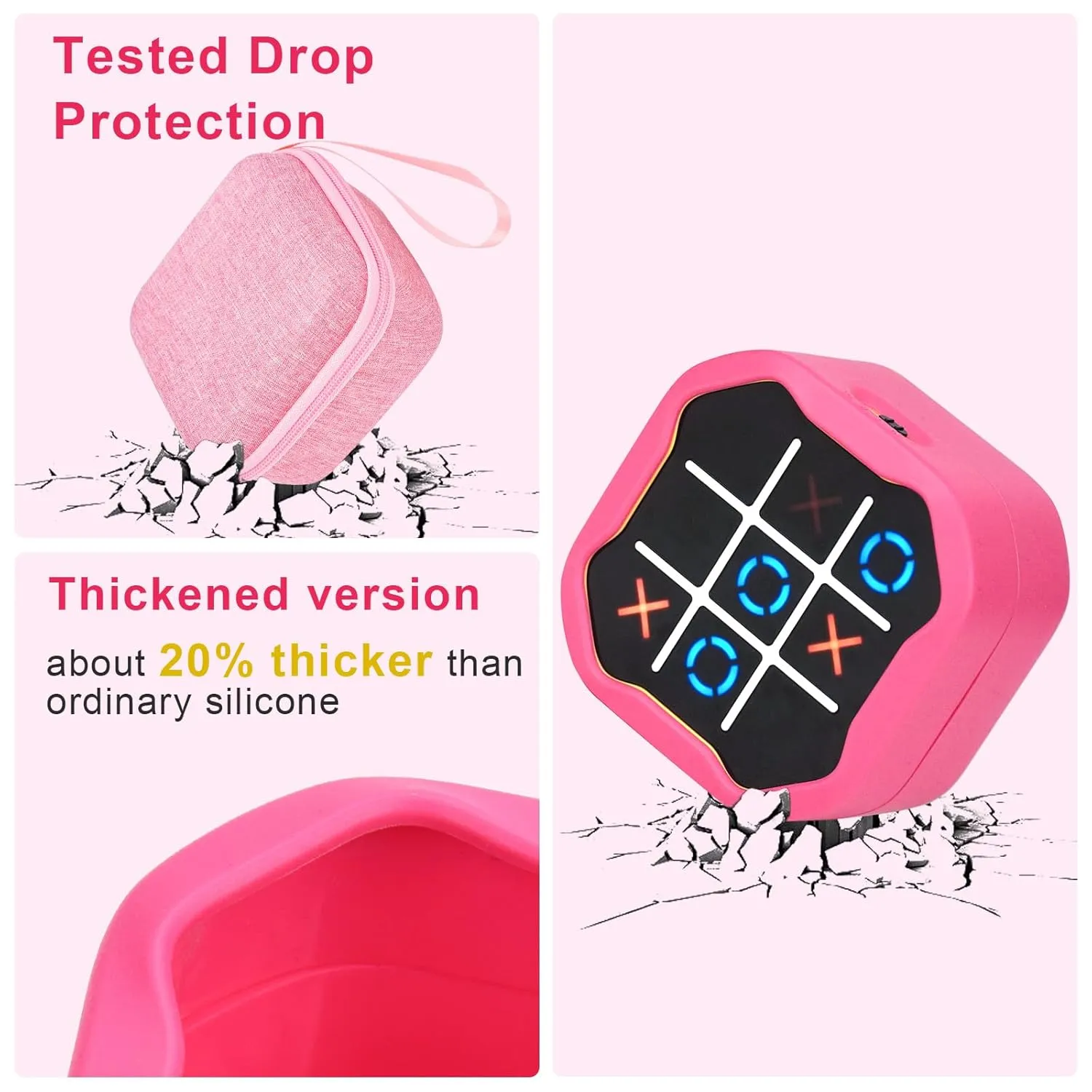 MGZNMTY Travel Storage Case and Silicone Cover Compatible with Giiker Tic Tac Toe Bolt Electronic Game, 3-in-1 Handheld Puzzle Game Console Toys Skin for Kids (Hard Case Silicone Cover) (Pink)