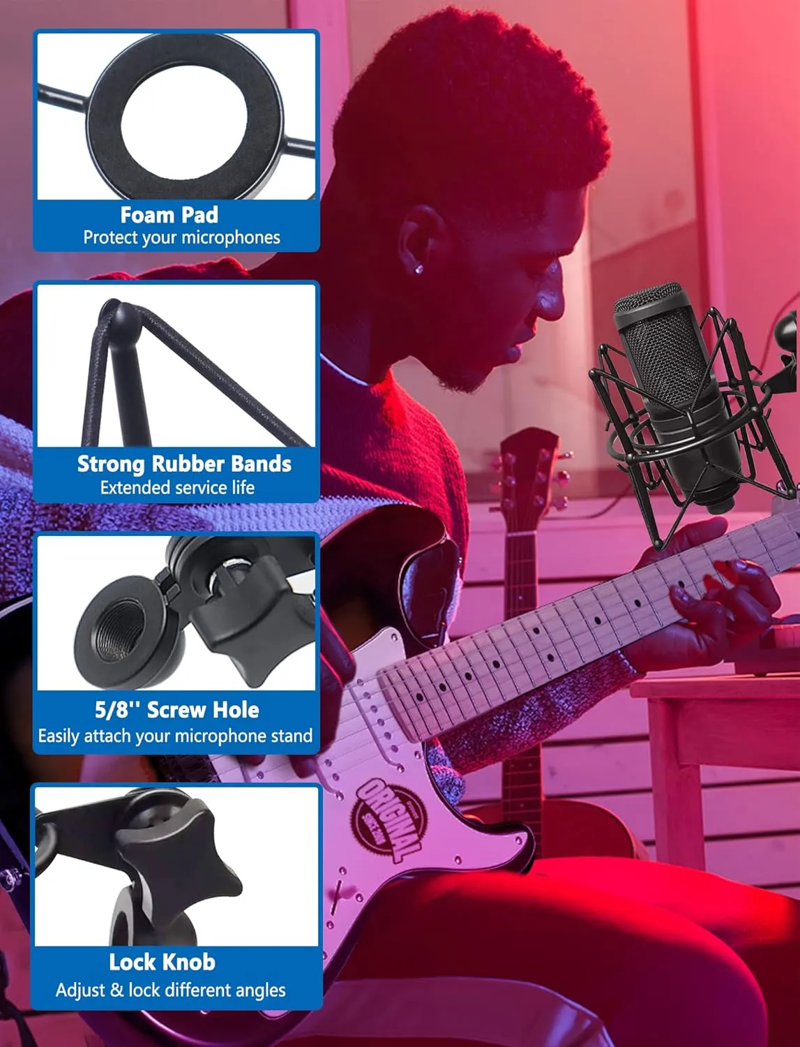 Microphone Shock Mount Universal Mic Holder Spider Recording Mic Shockmount Stand Compatible with Many Condenser Mics Like Rode NT1-A NT2-A Procaster AT2020 MXL 990 770 U87 (Black)