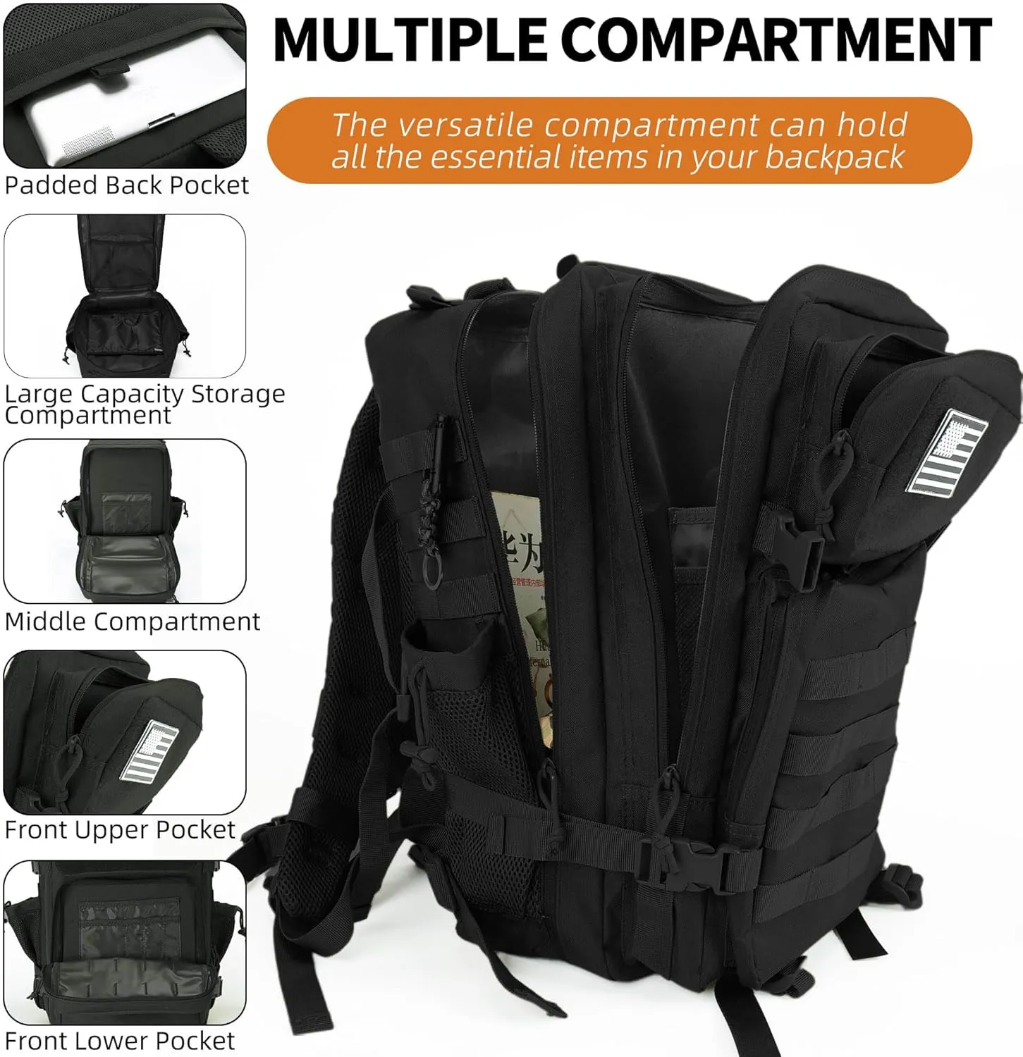 Military Tactical Backpack for Men and Women Army Camping Daypack Bug out Bag 45l Asault Pack for Travel Hiking (Black)