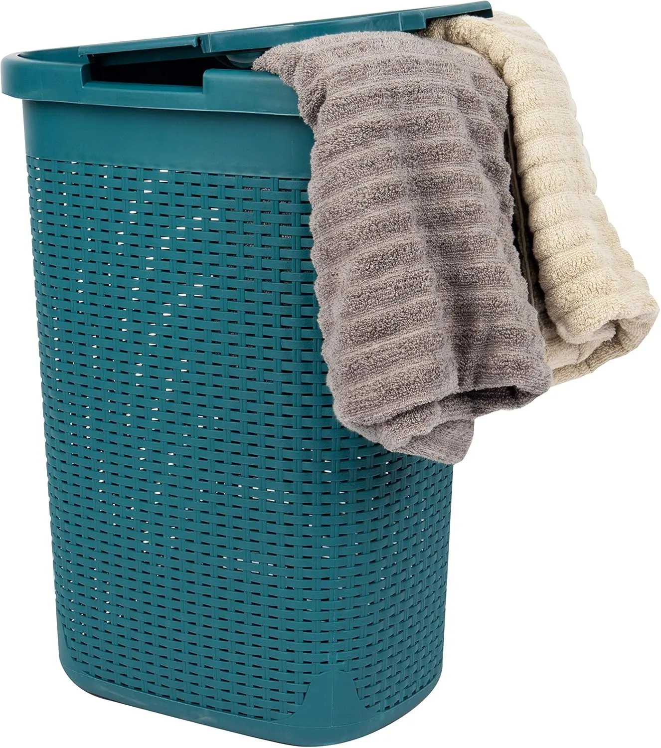 Mind Reader 60L Slim Laundry Hamper, Clothes Basket, Lid, Wicker Design, Plastic, 17.65"L x 13.75"W x 24.15"H, Blue