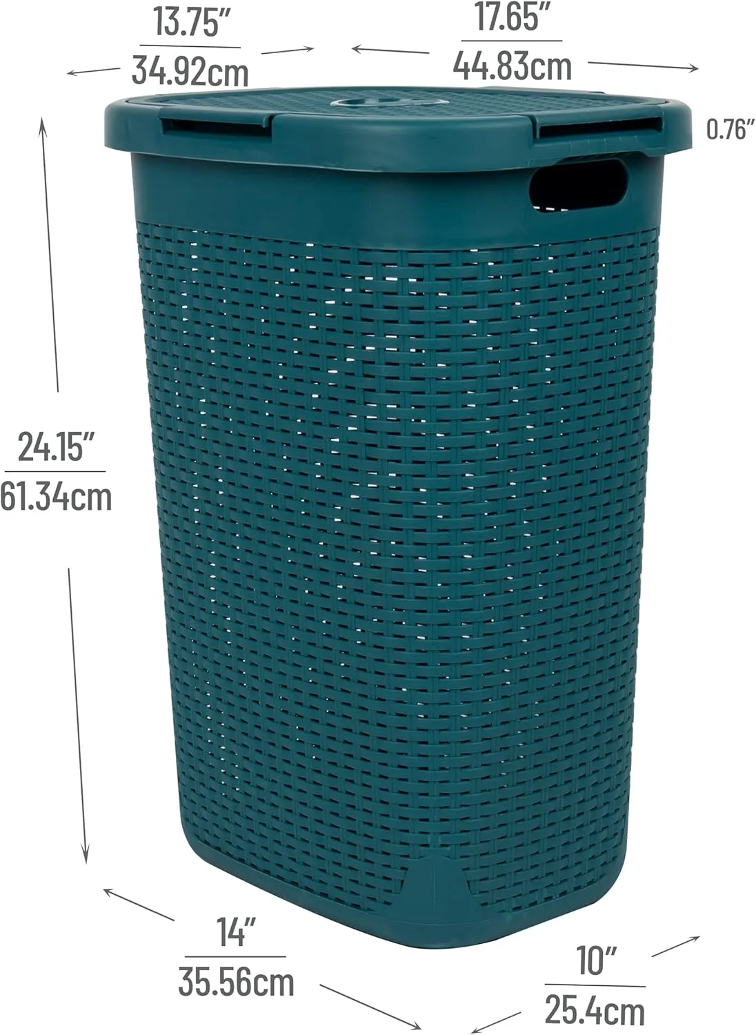 Mind Reader 60L Slim Laundry Hamper, Clothes Basket, Lid, Wicker Design, Plastic, 17.65"L x 13.75"W x 24.15"H, Blue