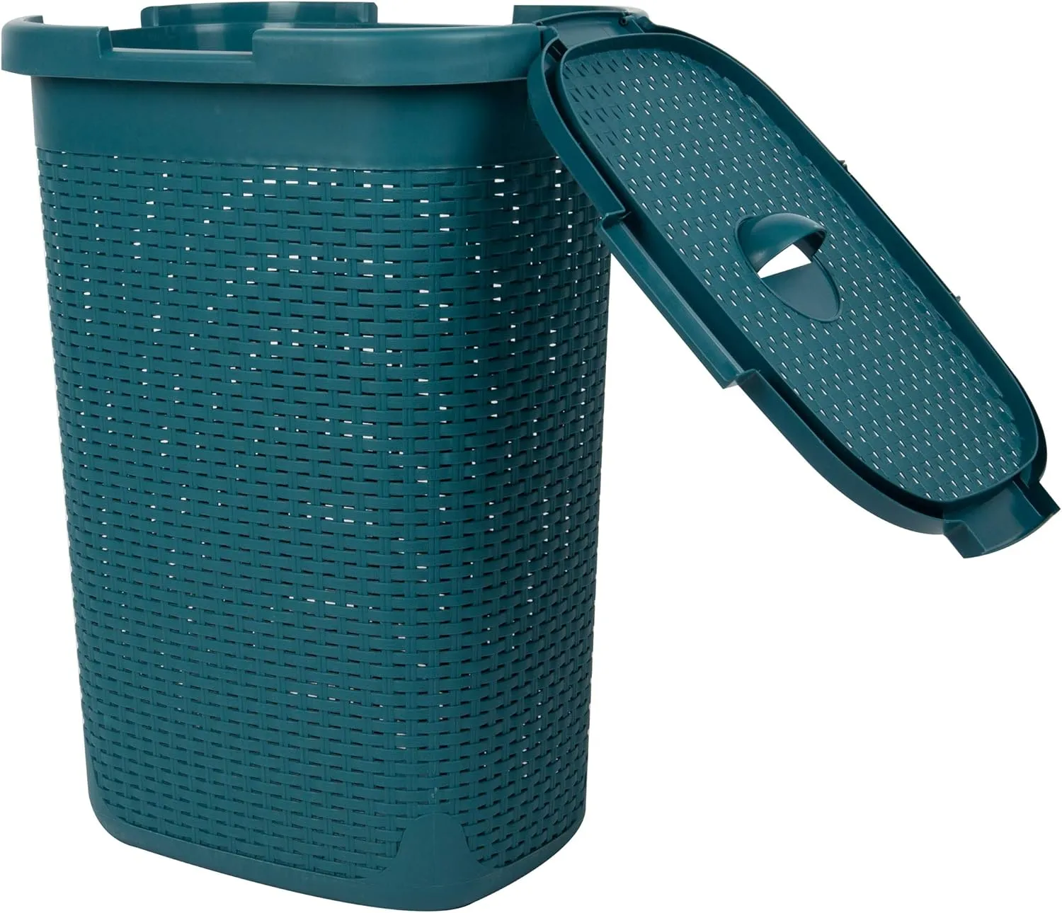 Mind Reader 60L Slim Laundry Hamper, Clothes Basket, Lid, Wicker Design, Plastic, 17.65"L x 13.75"W x 24.15"H, Blue