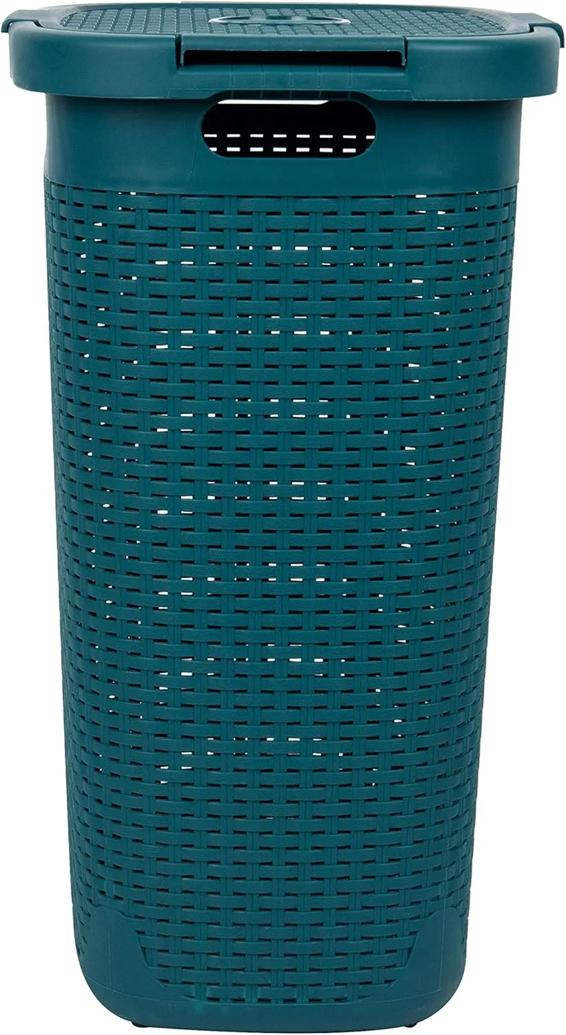 Mind Reader 60L Slim Laundry Hamper, Clothes Basket, Lid, Wicker Design, Plastic, 17.65"L x 13.75"W x 24.15"H, Blue
