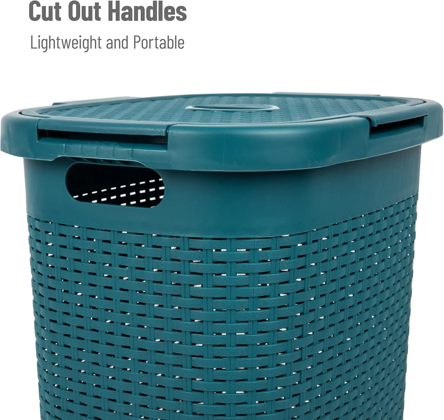 Mind Reader 60L Slim Laundry Hamper, Clothes Basket, Lid, Wicker Design, Plastic, 17.65"L x 13.75"W x 24.15"H, Blue
