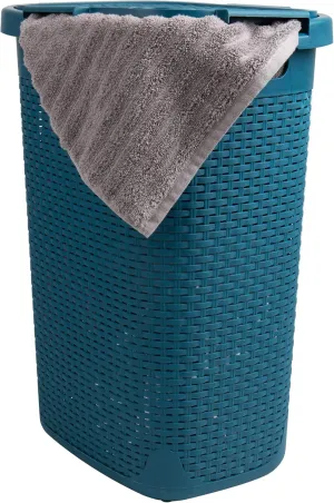 Mind Reader 60L Slim Laundry Hamper, Clothes Basket, Lid, Wicker Design, Plastic, 17.65"L x 13.75"W x 24.15"H, Blue