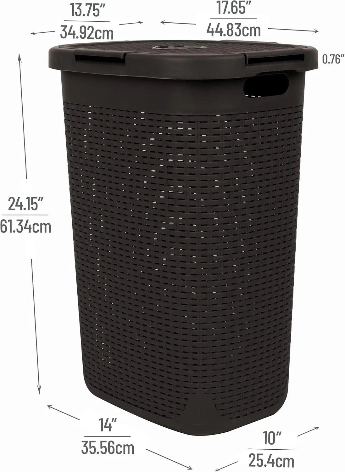 Mind Reader 60L Slim Laundry Hamper, Clothes Basket, Lid, Wicker Design, Plastic, 17.65"L x 13.75"W x 24.15"H, Brown