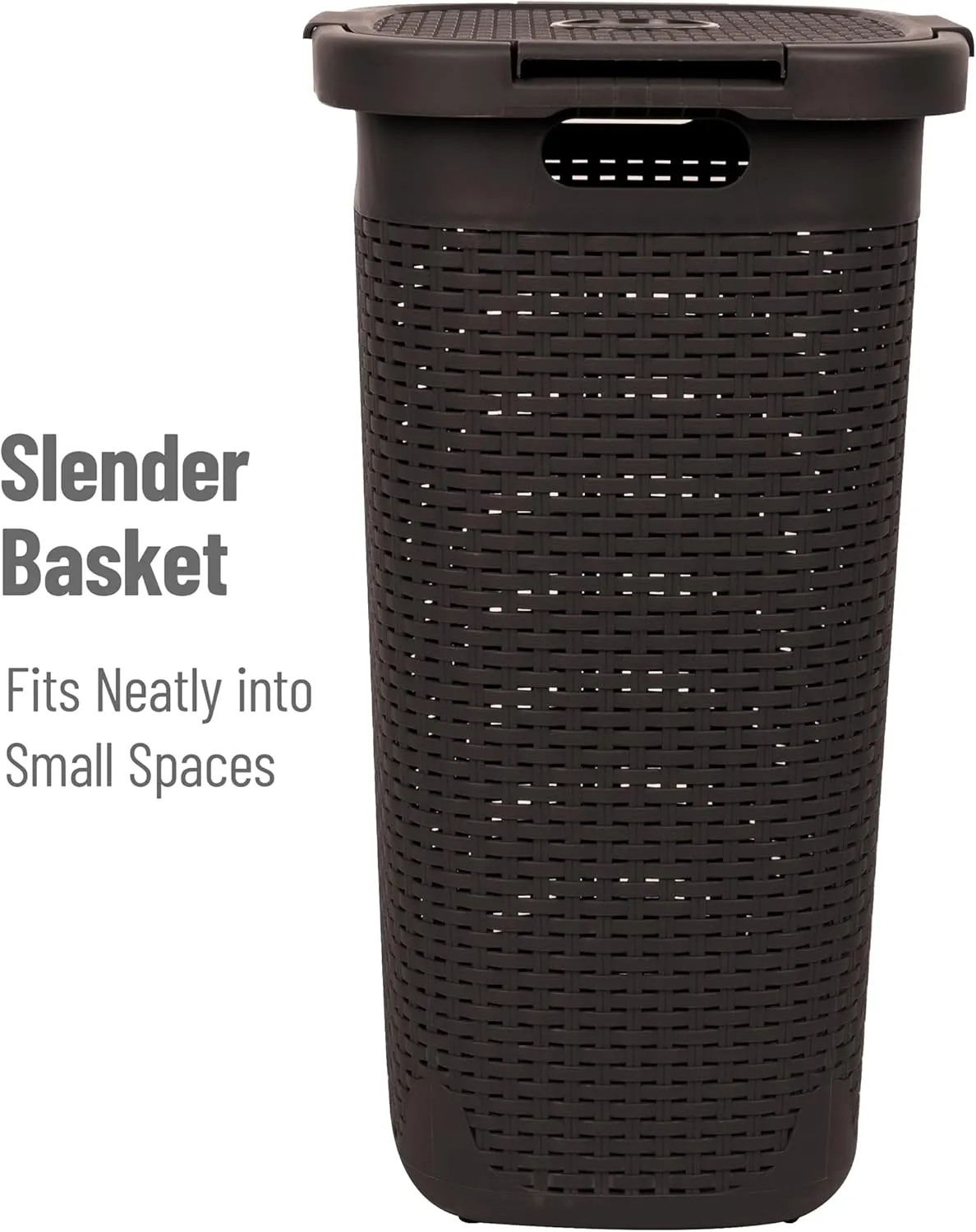 Mind Reader 60L Slim Laundry Hamper, Clothes Basket, Lid, Wicker Design, Plastic, 17.65"L x 13.75"W x 24.15"H, Brown