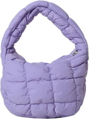 Mini Puffy Quilted Handbag Soft Puffer Tote Bag for Women Cute Wrist Bubble Bag Lightweight Nylon Clutch Purse