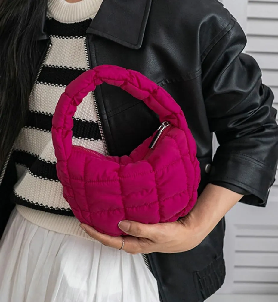 Mini Puffy Quilted Handbag Soft Puffer Tote Bag for Women Cute Wrist Bubble Bag Lightweight Nylon Clutch Purse