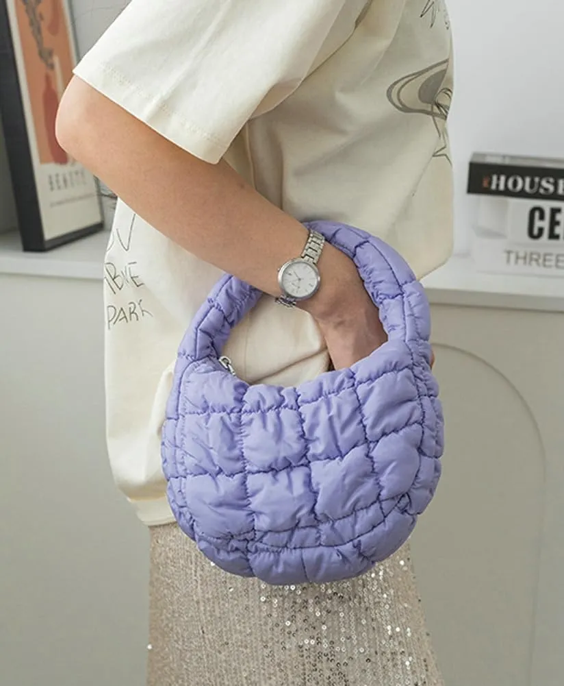 Mini Puffy Quilted Handbag Soft Puffer Tote Bag for Women Cute Wrist Bubble Bag Lightweight Nylon Clutch Purse