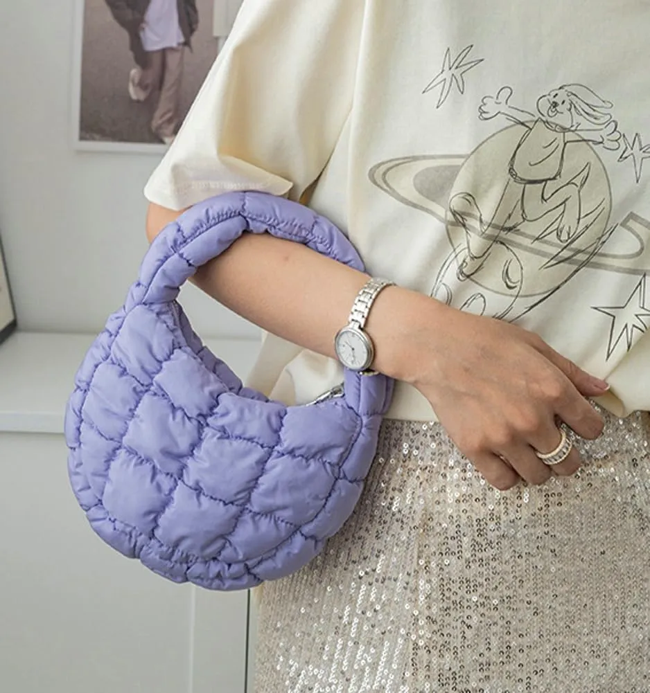 Mini Puffy Quilted Handbag Soft Puffer Tote Bag for Women Cute Wrist Bubble Bag Lightweight Nylon Clutch Purse
