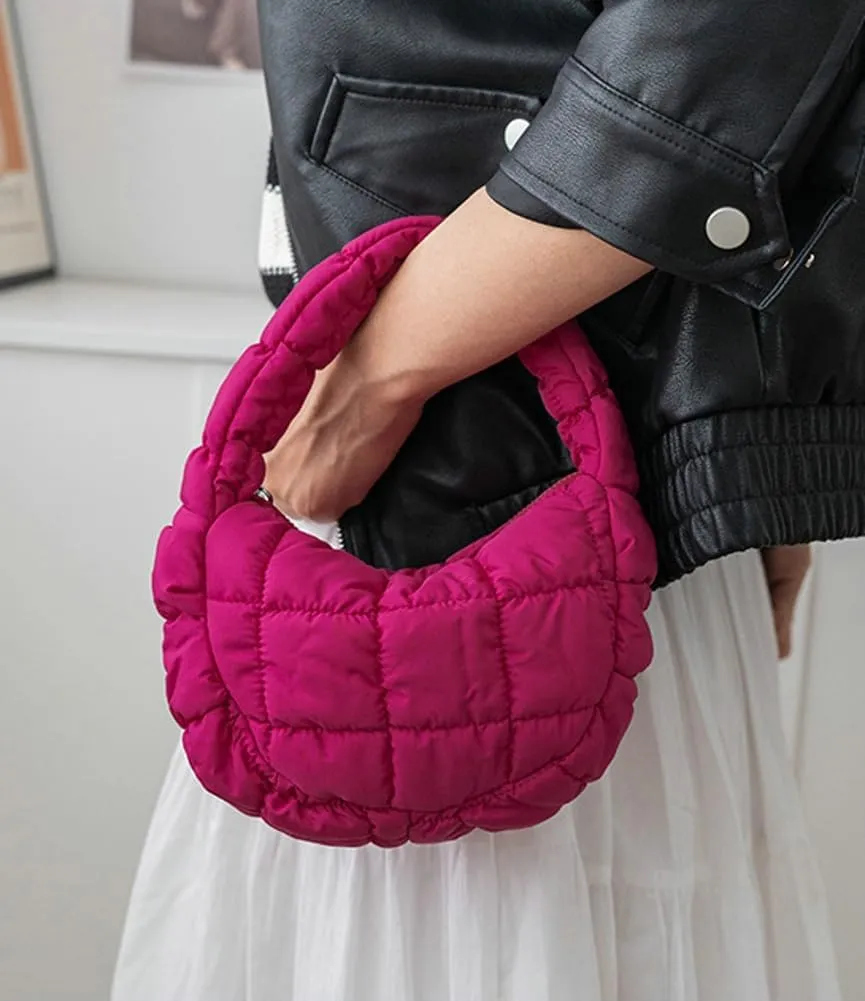 Mini Puffy Quilted Handbag Soft Puffer Tote Bag for Women Cute Wrist Bubble Bag Lightweight Nylon Clutch Purse