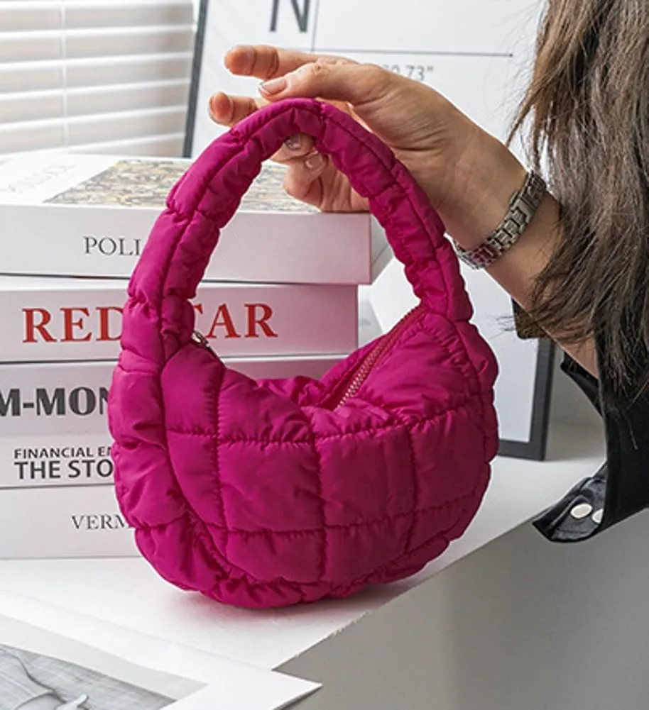 Mini Puffy Quilted Handbag Soft Puffer Tote Bag for Women Cute Wrist Bubble Bag Lightweight Nylon Clutch Purse