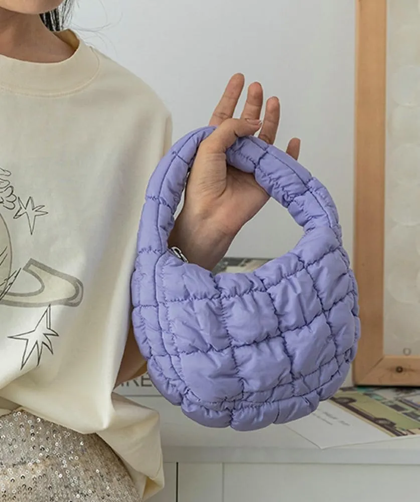 Mini Puffy Quilted Handbag Soft Puffer Tote Bag for Women Cute Wrist Bubble Bag Lightweight Nylon Clutch Purse