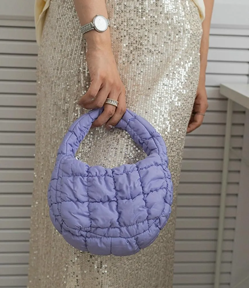 Mini Puffy Quilted Handbag Soft Puffer Tote Bag for Women Cute Wrist Bubble Bag Lightweight Nylon Clutch Purse
