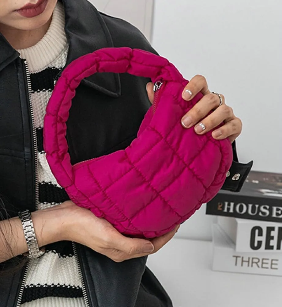Mini Puffy Quilted Handbag Soft Puffer Tote Bag for Women Cute Wrist Bubble Bag Lightweight Nylon Clutch Purse