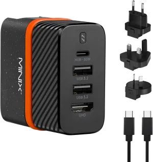 MINIX P4K 65W Dock Charger Adapter for Switch, Laptop, Smartphone, Tablet. 4 in 1 PD Wall Charger with HDMI for TV,1xUSB-C (Max 60W),2xUSB-A 3.2,3.3ft Full-Featured USB-C Cable