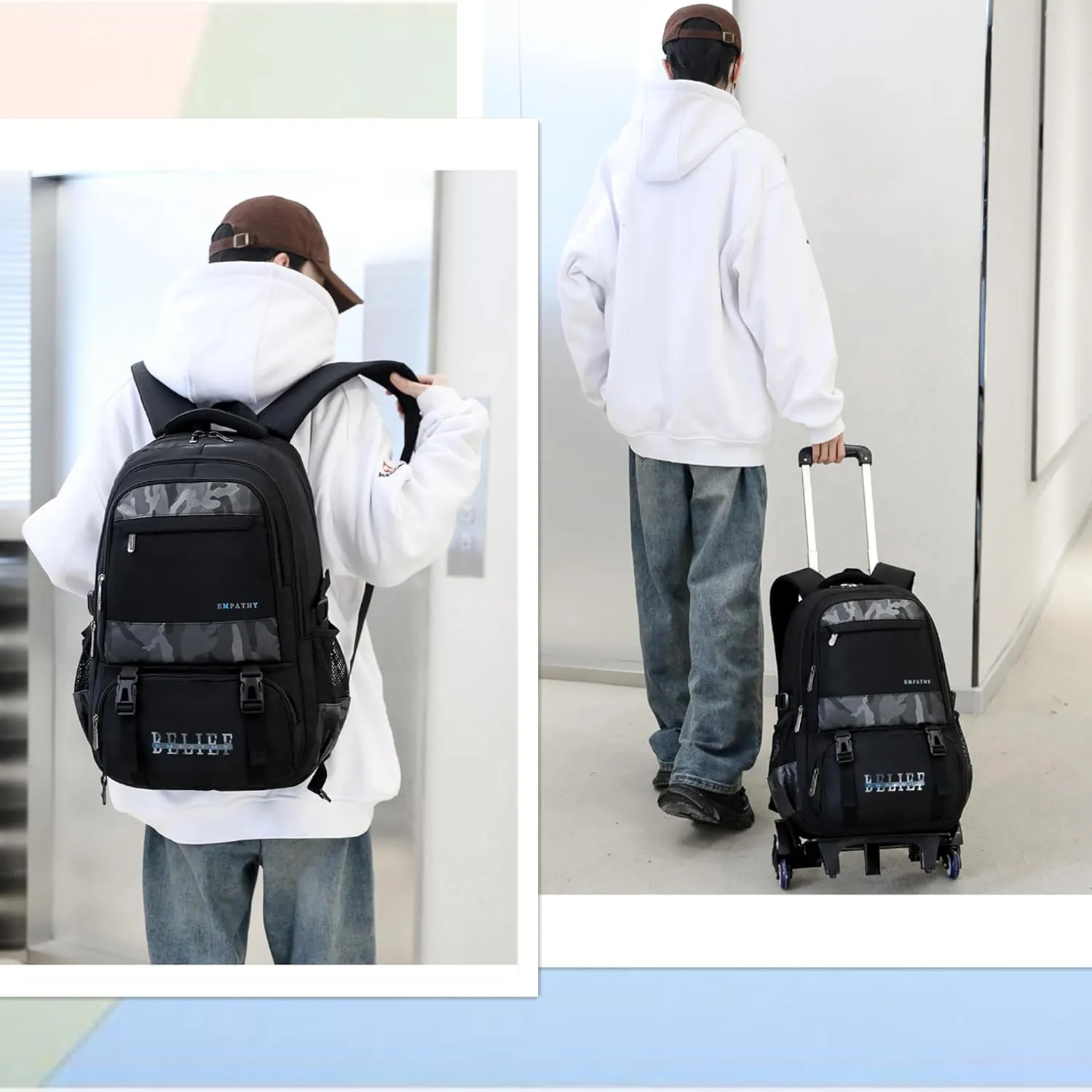 MITOWERMI Camouflages Black Boys Rolling Backpacks Kids Carry-on Luggage Camo Bookbag with 6 Wheels Boys Teens Wheeled Backpack Trolley School Bags