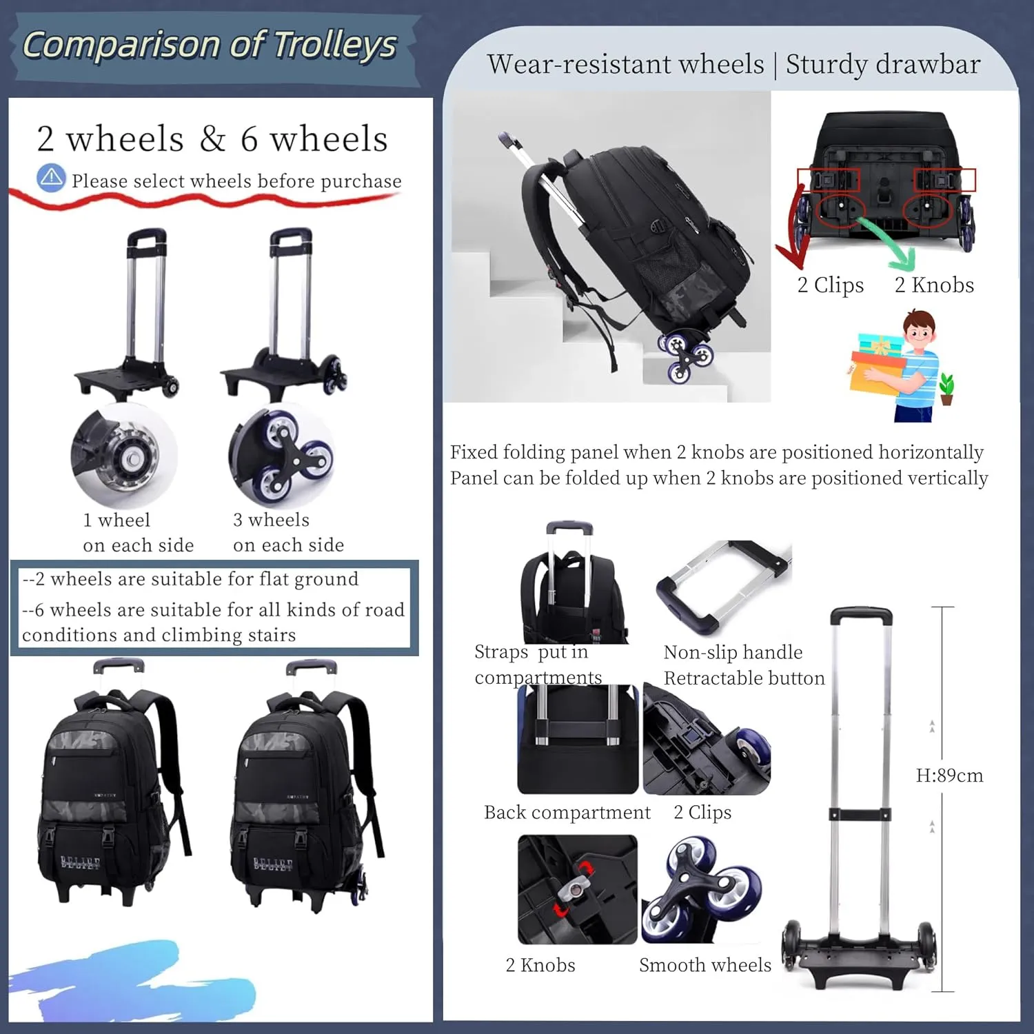 MITOWERMI Camouflages Black Boys Rolling Backpacks Kids Carry-on Luggage Camo Bookbag with 6 Wheels Boys Teens Wheeled Backpack Trolley School Bags