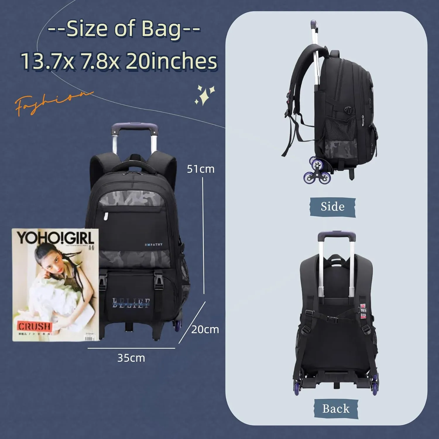 MITOWERMI Camouflages Black Boys Rolling Backpacks Kids Carry-on Luggage Camo Bookbag with 6 Wheels Boys Teens Wheeled Backpack Trolley School Bags