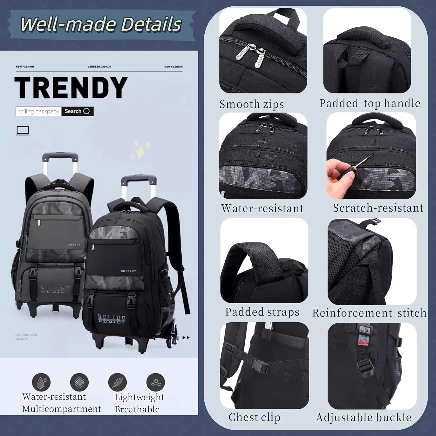 MITOWERMI Camouflages Black Boys Rolling Backpacks Kids Carry-on Luggage Camo Bookbag with 6 Wheels Boys Teens Wheeled Backpack Trolley School Bags