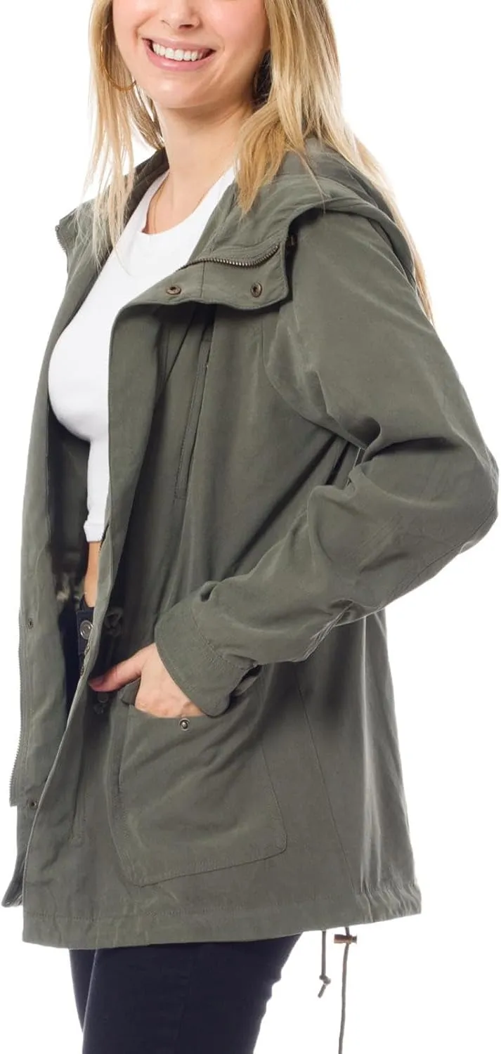 MixMatchy Women's Basic Military Anorak Jacket Zip Up Snap button Hooded Parka Safari Utility Coat with Pocket