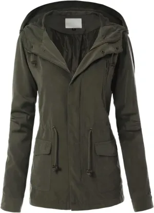 MixMatchy Women's Basic Military Anorak Jacket Zip Up Snap button Hooded Parka Safari Utility Coat with Pocket