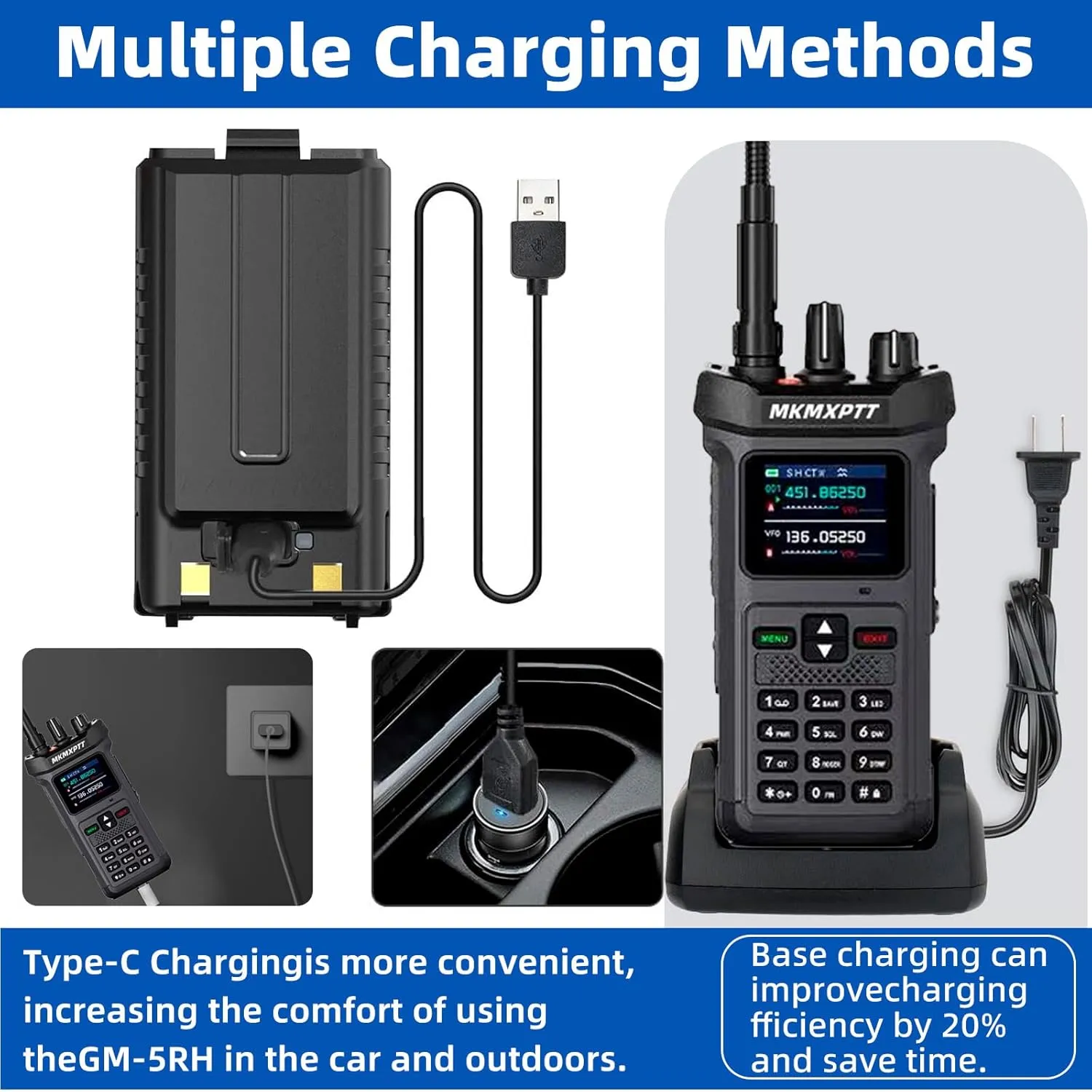 MK-628 Long Range Ham Radio, 20W Two-Way Radio with Digital Display, NOAA Weather Receiver, 999 Channels, 1.77" Screen, 8800mAh Battery