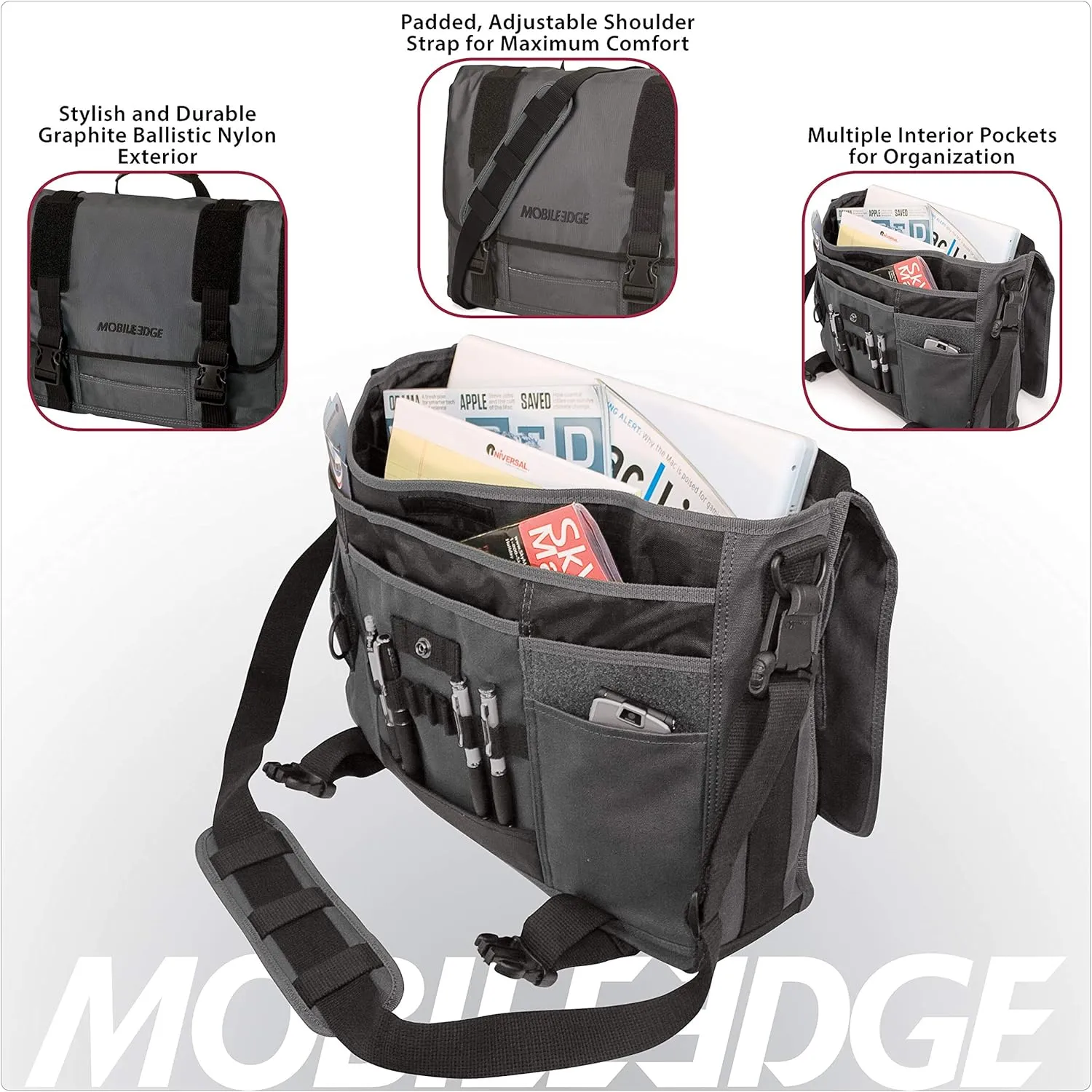 Mobile Edge Laptop Messenger Bag for Men and Women, Fits Up To 17.3 Inch Laptops, Graphite, MEGME