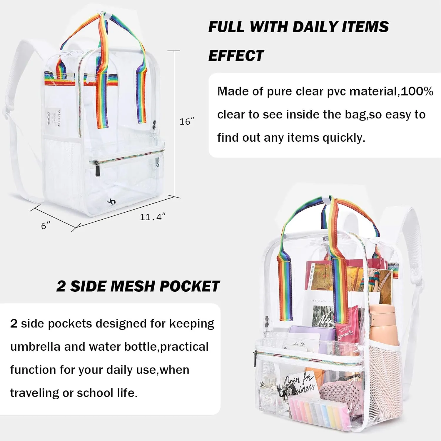 mommore Clear Backpack Heavy Duty Transparent backpacks with Widened Handle Thick PVC See-Through Bookbags for School, Work
