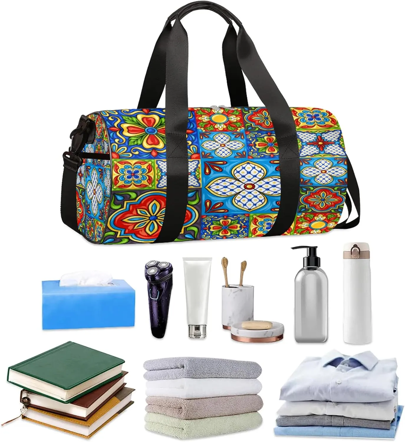 Mosaic Ceramic Tile Pattern Sports Gym Bag for Men Women Lightweight Travel Duffle Bag with Shoulder Strap Waterproof Carry On Weekender Overnight Bag for Travel Sports Gym