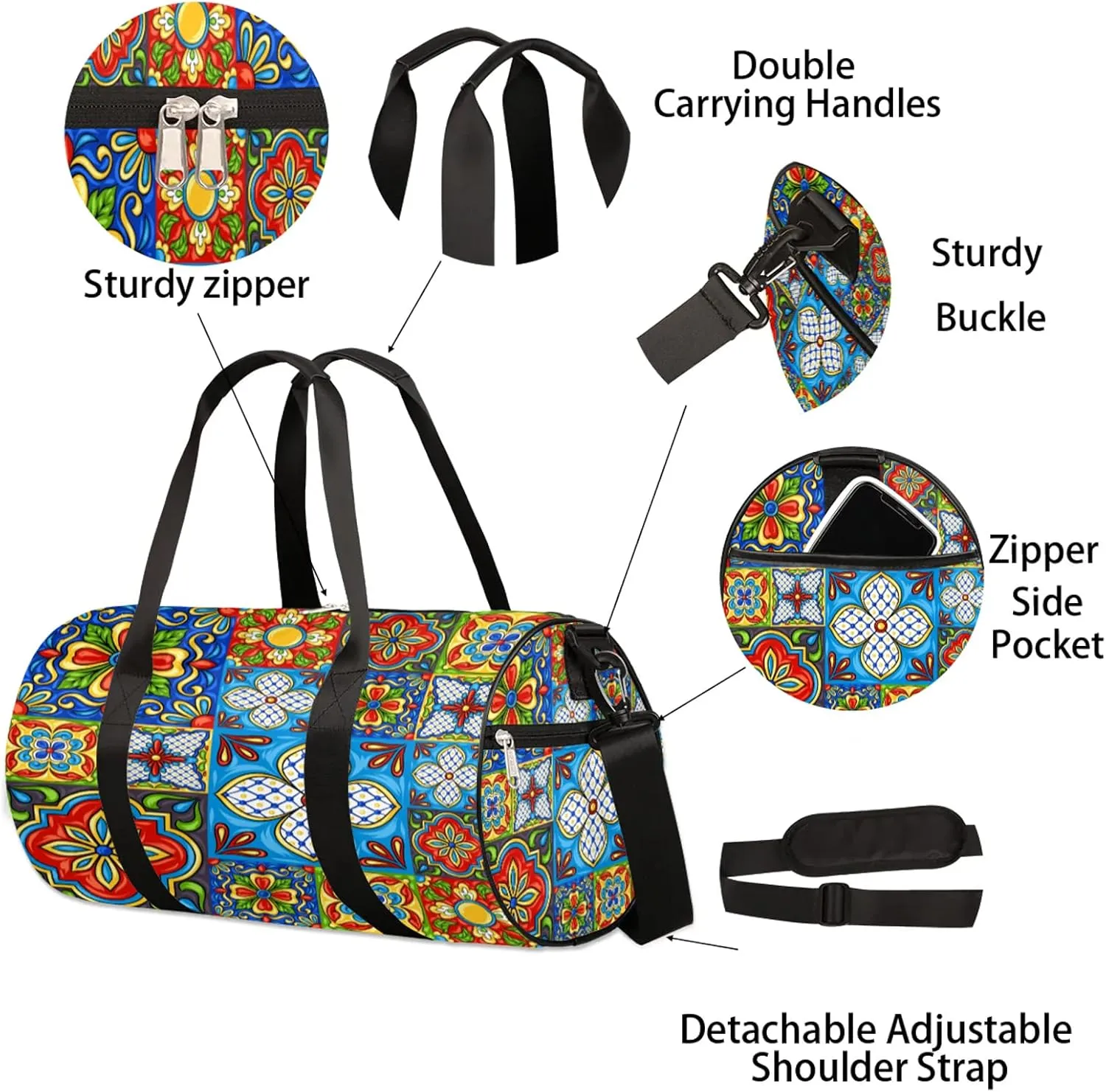 Mosaic Ceramic Tile Pattern Sports Gym Bag for Men Women Lightweight Travel Duffle Bag with Shoulder Strap Waterproof Carry On Weekender Overnight Bag for Travel Sports Gym