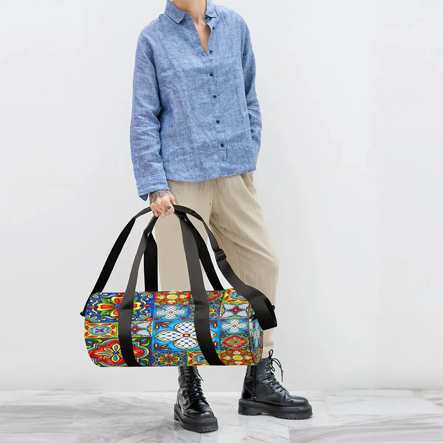 Mosaic Ceramic Tile Pattern Sports Gym Bag for Men Women Lightweight Travel Duffle Bag with Shoulder Strap Waterproof Carry On Weekender Overnight Bag for Travel Sports Gym