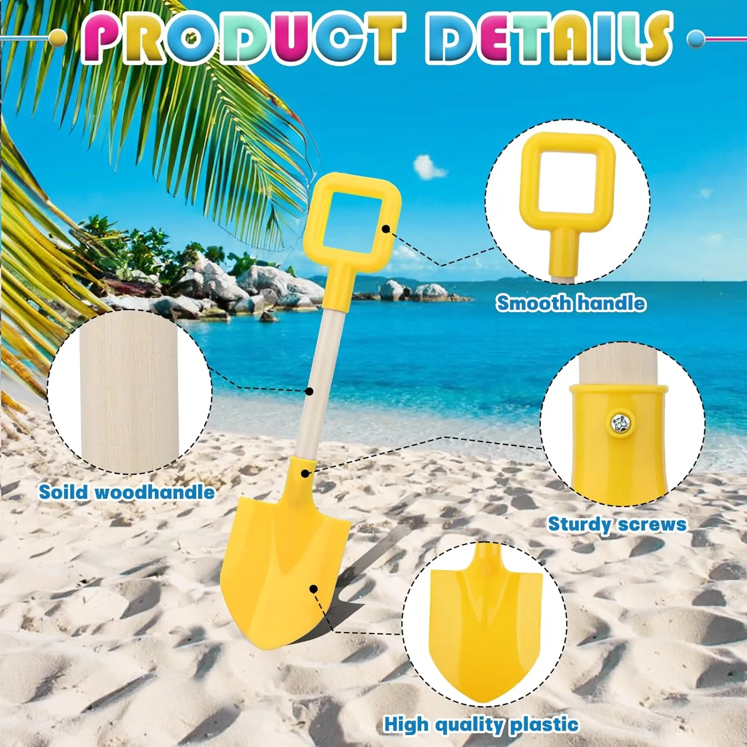 Mototo 8 Pack 16 Inch Beach Shovels Large Beach Spades Multicolor Sand Shovels with Wooden Handle Plastic Shovel for Digging Beach Sandbox Snow Garden Toys Set for Kids Adults (8 Pack, Light Series)