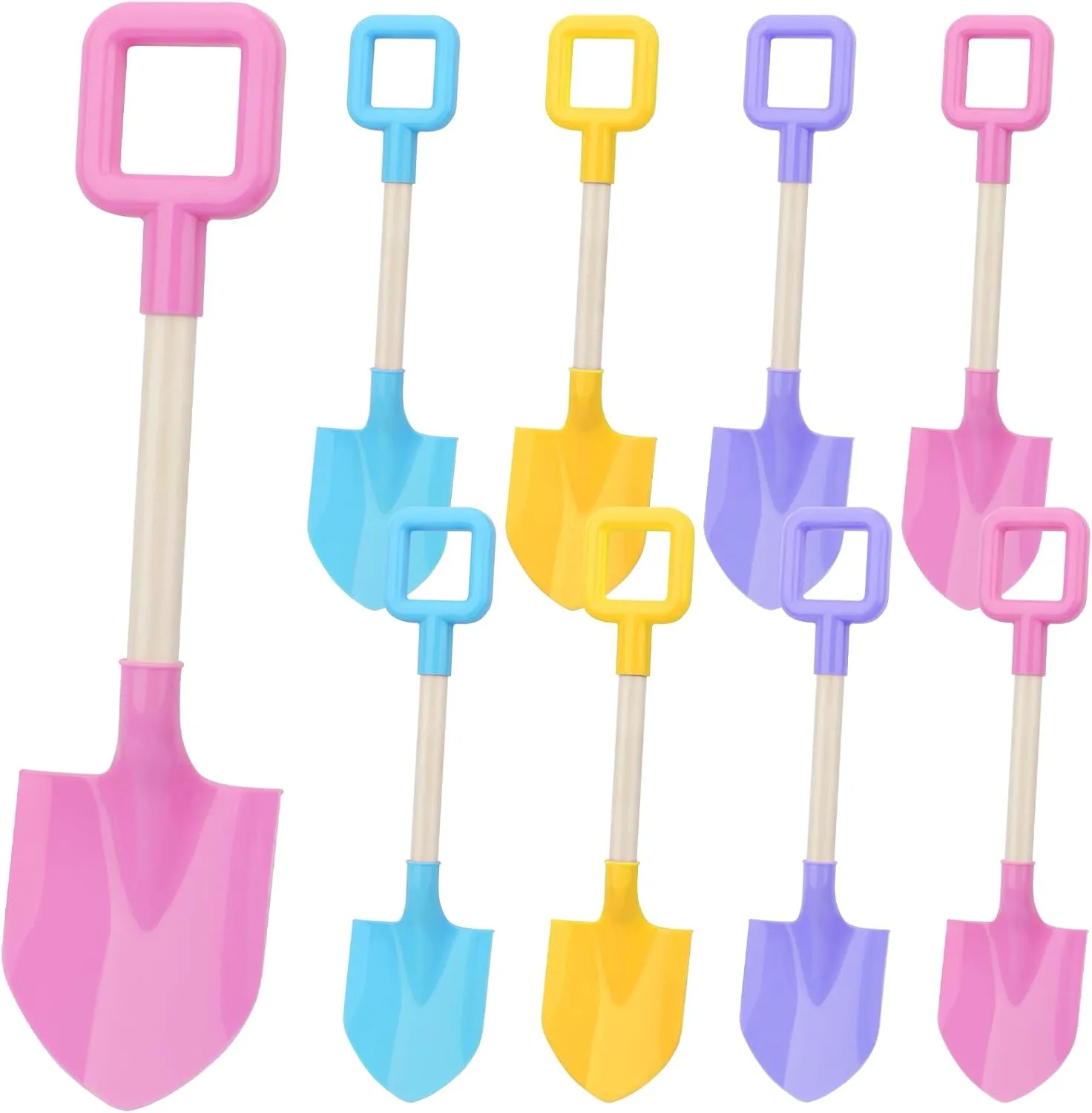 Mototo 8 Pack 16 Inch Beach Shovels Large Beach Spades Multicolor Sand Shovels with Wooden Handle Plastic Shovel for Digging Beach Sandbox Snow Garden Toys Set for Kids Adults (8 Pack, Light Series)