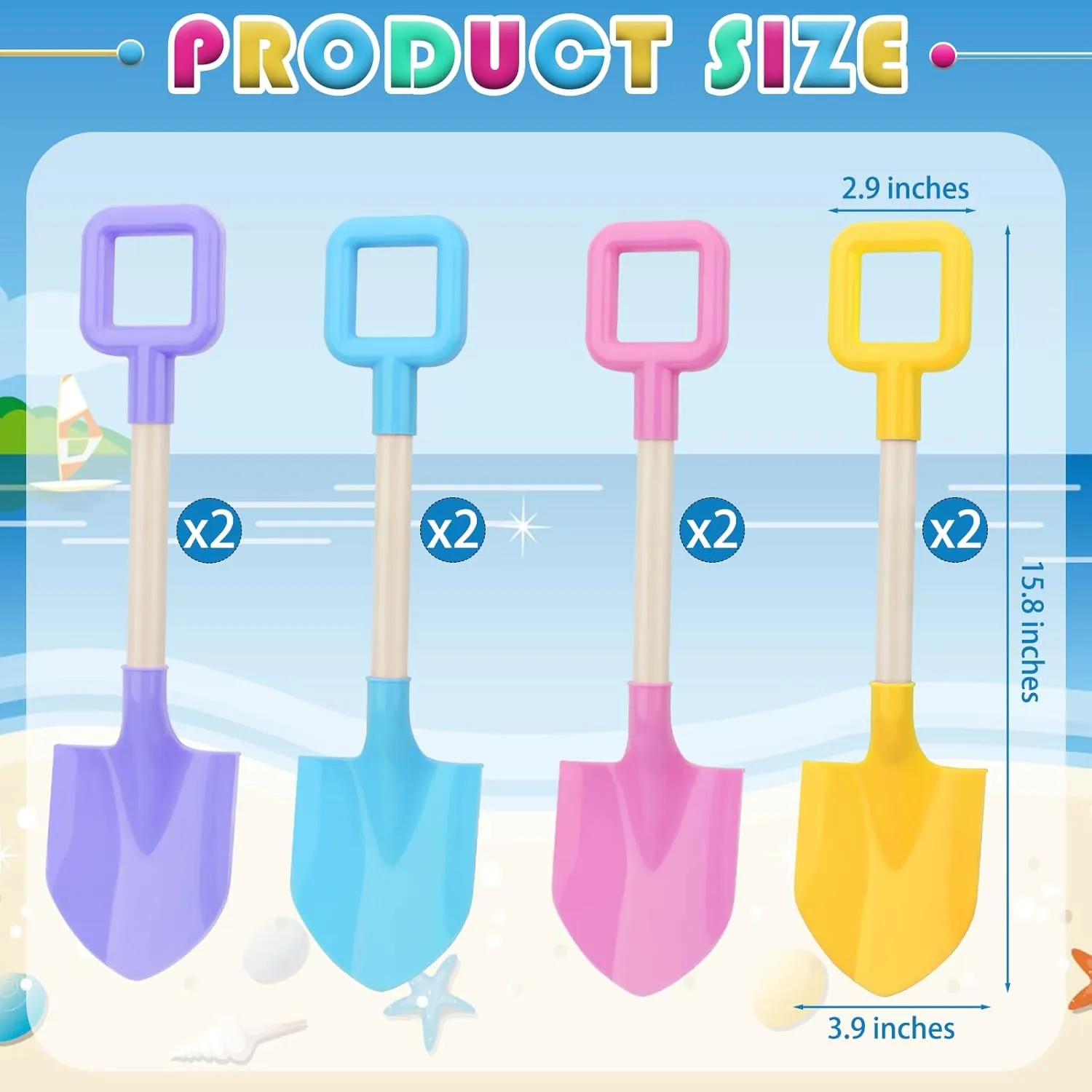 Mototo 8 Pack 16 Inch Beach Shovels Large Beach Spades Multicolor Sand Shovels with Wooden Handle Plastic Shovel for Digging Beach Sandbox Snow Garden Toys Set for Kids Adults (8 Pack, Light Series)