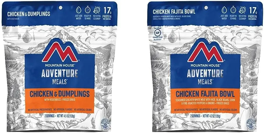 Mountain House Chicken & Dumplings   Chicken Fajita Bowl | Freeze Dried Backpacking & Camping Food | 2 Servings Each
