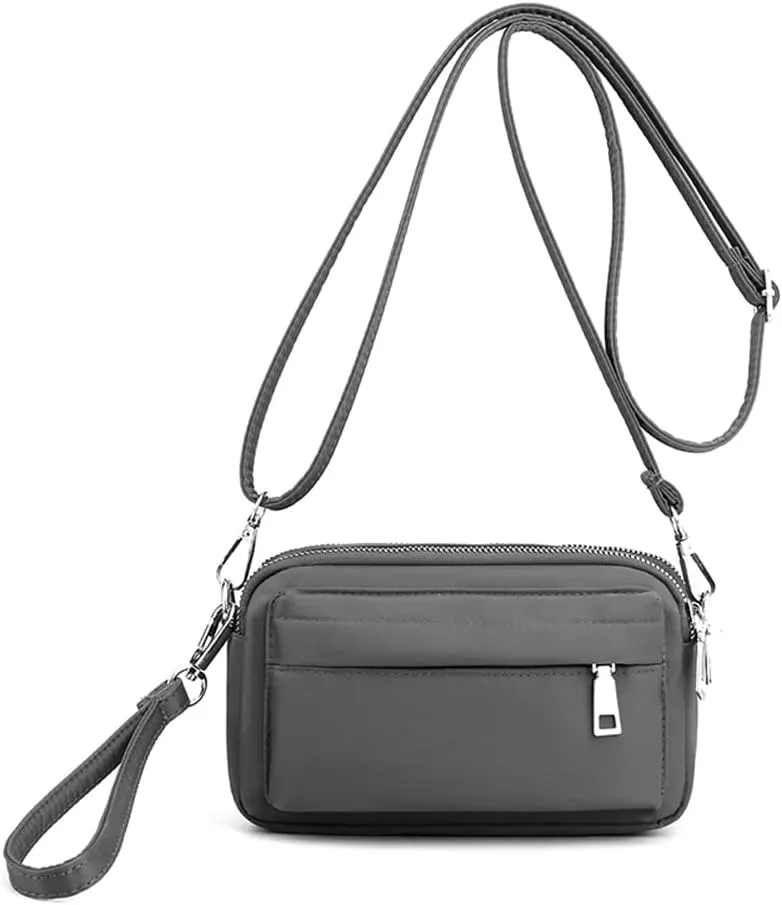 Multi-Zipper Crossbody Handbag Purse, Women's Nylon Wristlet Mini Crossbody Bag Clutch with 2 Straps