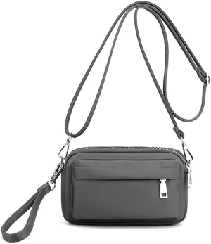 Multi-Zipper Crossbody Handbag Purse, Women's Nylon Wristlet Mini Crossbody Bag Clutch with 2 Straps