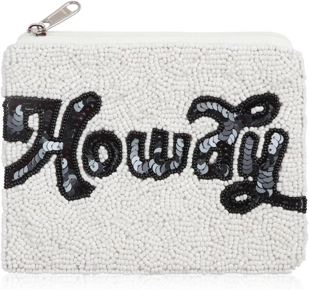Multifunction Cute Print Travel Cosmetic Pouch Bag - Bridesmaid Organizer Wristlet Purse Inspirational Quote/Skull/Pineapple (Beaded Coin Pouch - Howdy White)
